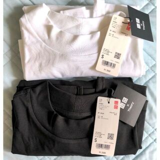 ユニクロ(UNIQLO)の新品タグ付き ユニクロ セオリー エアリズムコットンモックネックＴ 黒白 S(Tシャツ(半袖/袖なし))