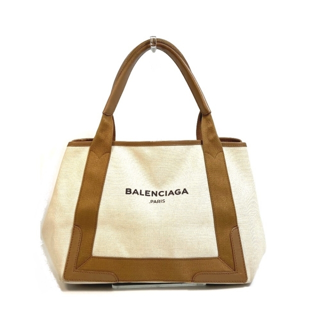 バレンシアガ BALENCIAGA ネイビーカバスS 339933 ロゴプリント ハンドバッグ トートバッグ キャンバス/レザー ベージュトートバッグ