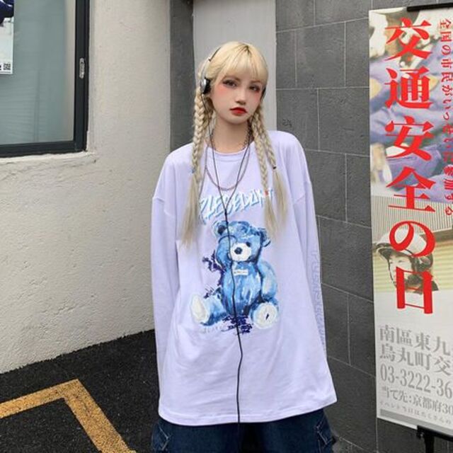  L 病みかわ くま テディベア ビッグシルエット ロングT シャツ ホワイト レディースのトップス(Tシャツ(長袖/七分))の商品写真