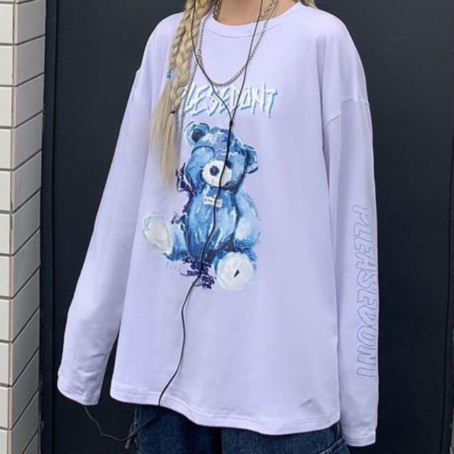  L 病みかわ くま テディベア ビッグシルエット ロングT シャツ ホワイト レディースのトップス(Tシャツ(長袖/七分))の商品写真