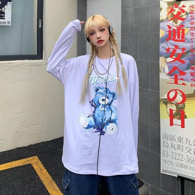  L 病みかわ くま テディベア ビッグシルエット ロングT シャツ ホワイト レディースのトップス(Tシャツ(長袖/七分))の商品写真