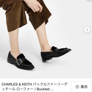 チャールズアンドキース(Charles and Keith)のCHARLES&KEITHバックル ファー ディティール ローファー　ブラウン(ローファー/革靴)