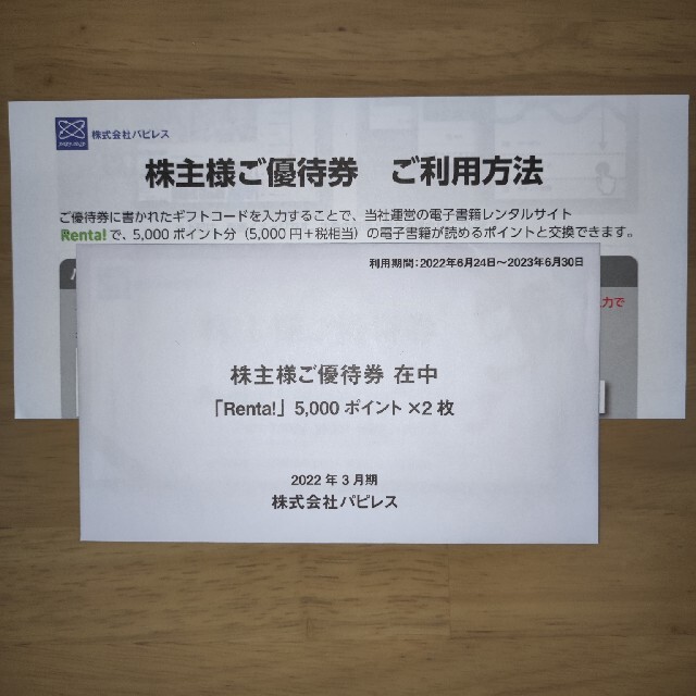 電子書籍サイトRenta! 10000ポイント 株式会社パピレス 株主優待