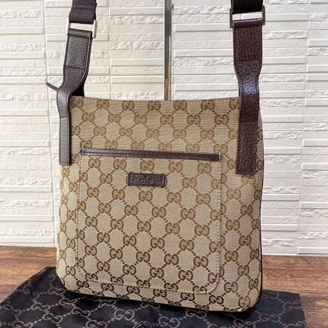 Gucci(グッチ)の良品 グッチ GG キャンバス×レザー ショルダー バッグ ポシェット ブラウン メンズのバッグ(ショルダーバッグ)の商品写真