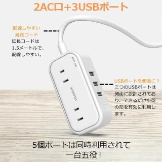 USBコンセント 2個AC口 3USBポート 延長コード 1.5m 電源タップ (PC周辺機器)