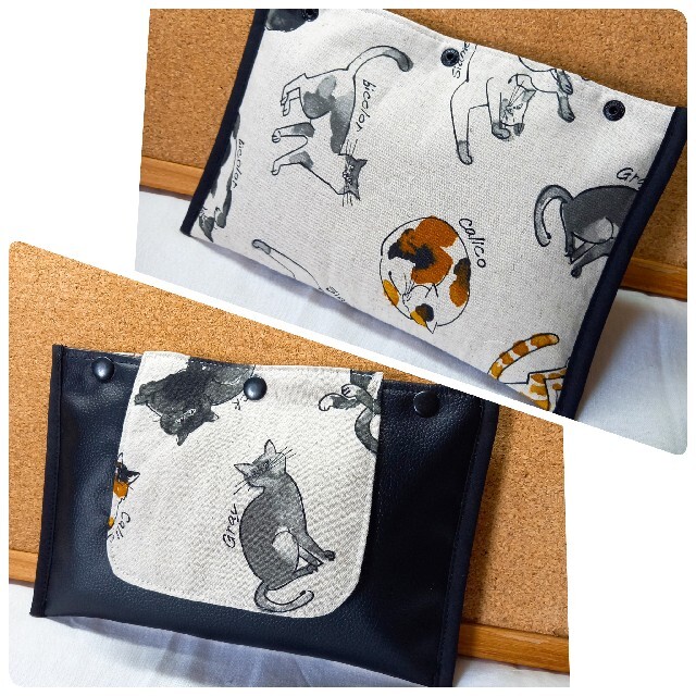 ベージュねこちゃんと黒の合皮のウェットティッシュケース☆大判サイズ対応 ハンドメイドのファッション小物(ポーチ)の商品写真