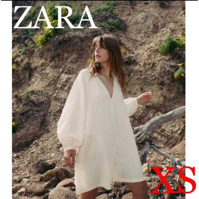 ZARA(ザラ)のZARA リネンブレンド　クロシェ　ワンピース　XS オフホワイト レディースのワンピース(ミニワンピース)の商品写真