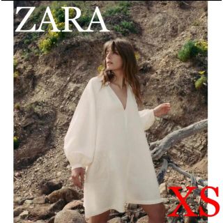 ザラ(ZARA)のZARA リネンブレンド　クロシェ　ワンピース　XS オフホワイト(ミニワンピース)