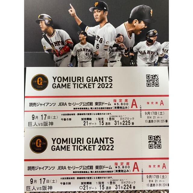 巨人戦 東京ドーム チケット 9月17日 ペアチケット 【冬バーゲン