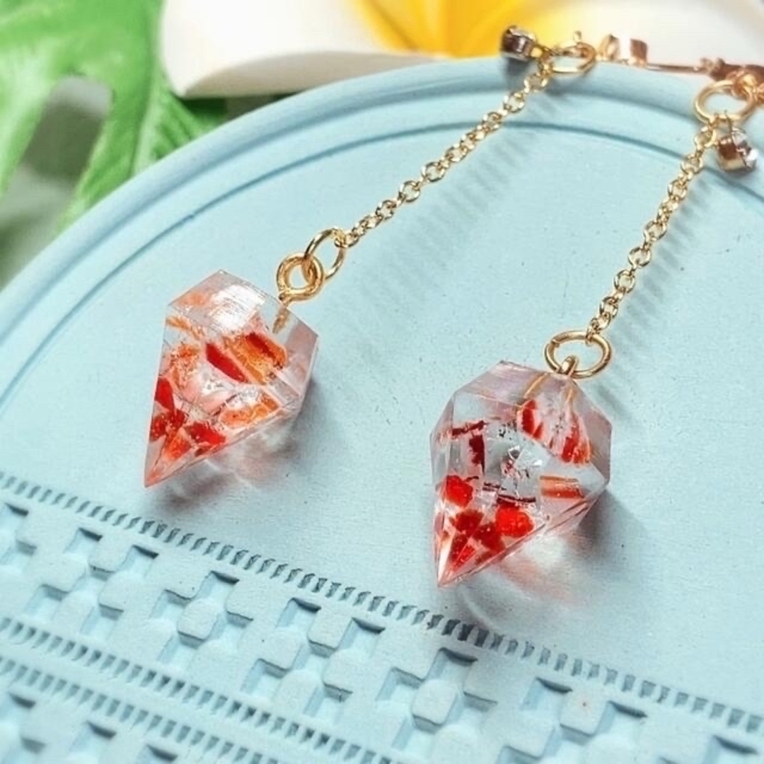 SALE☆ハンドメイド 琉球ガラス 暖色 宝石 チェーン ピアス イヤリング
