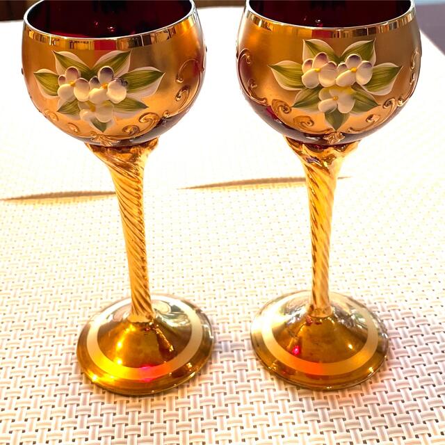 ベネチアングラス　ワイングラス　ワインレッド　金彩　ペア 1