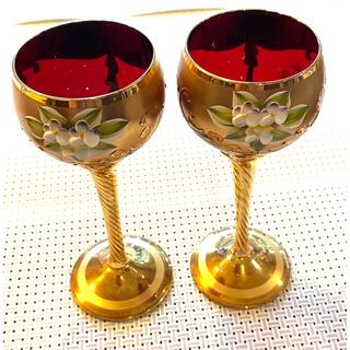 ベネチアングラス　ワイングラス　ワインレッド　金彩　ペア(グラス/カップ)