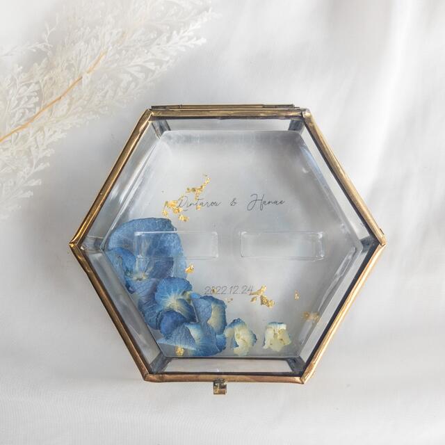 🎈青の紫陽花　アンティークガラスケースリングピロー  ハンドメイドのウェディング(リングピロー)の商品写真