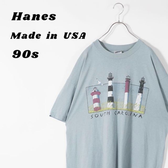 ヘインズ　Tシャツ　90s USA製　青　XL プリント　Hanes