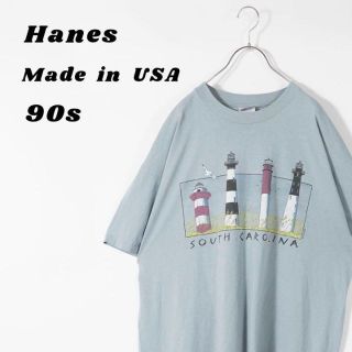 ヘインズ(Hanes)のヘインズ　Tシャツ　90s USA製　青　XL プリント　Hanes(Tシャツ/カットソー(半袖/袖なし))