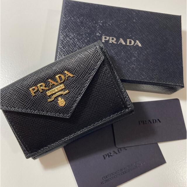 美品】PRADA 3つ折り財布 1m0170 金ロゴ シボ革 ブラック-