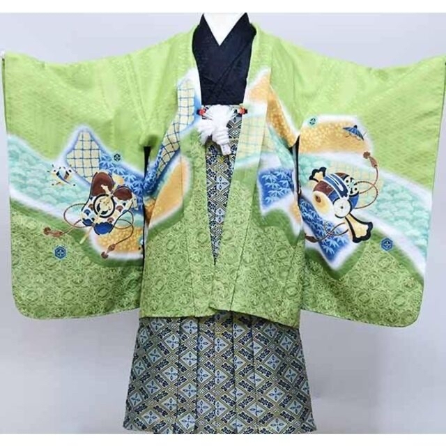 七五三 五歳 男児 羽織袴フルセット 着物 黄緑 鷹 袴変更可能 NO37820