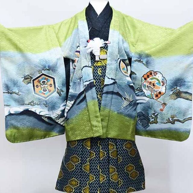 七五三 五歳 男児 羽織袴フルセット 深緑地 鷹 袴変更可能 NO38732-