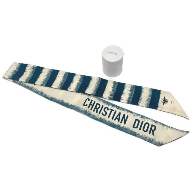 ☆☆Christian Dior クリスチャンディオール ミッツァ D-STRIPES リボンスカーフ グリーン×アイボリー シルク100％ 箱有レディース