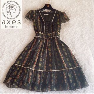 アクシーズファム(axes femme)のアクシーズファム axces femme 花柄ワンピース リボン編み上げ 黒(ひざ丈ワンピース)