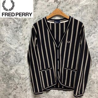 フレッドペリー(FRED PERRY)の【極美品】Fred Perry ニットカーディガン　✅ストライプ柄　✅XL(カーディガン)