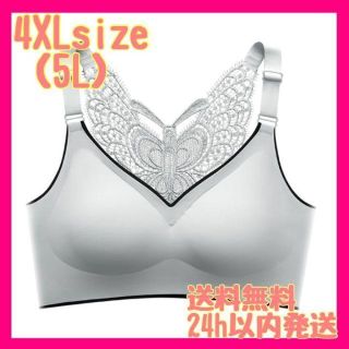 4XL （5L）バタフライ 蝶 バックレース　ノンワイヤーブラジャー グレー(ブラ)