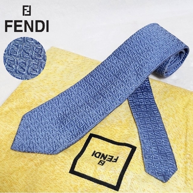 美品】FENDI フェンディ ズッカ柄 総柄 ネクタイ シアサッカー ブルー