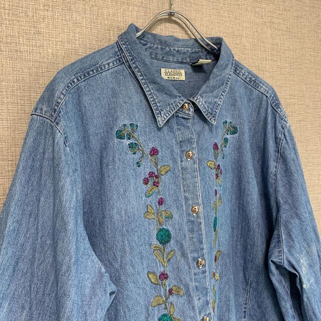 90s ビンテージ アメリカ古着 デニムシャツ 刺繍 フラワー 花 古着の