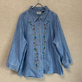 90s ビンテージ　アメリカ古着　デニムシャツ　刺繍　フラワー 花　古着(シャツ/ブラウス(長袖/七分))