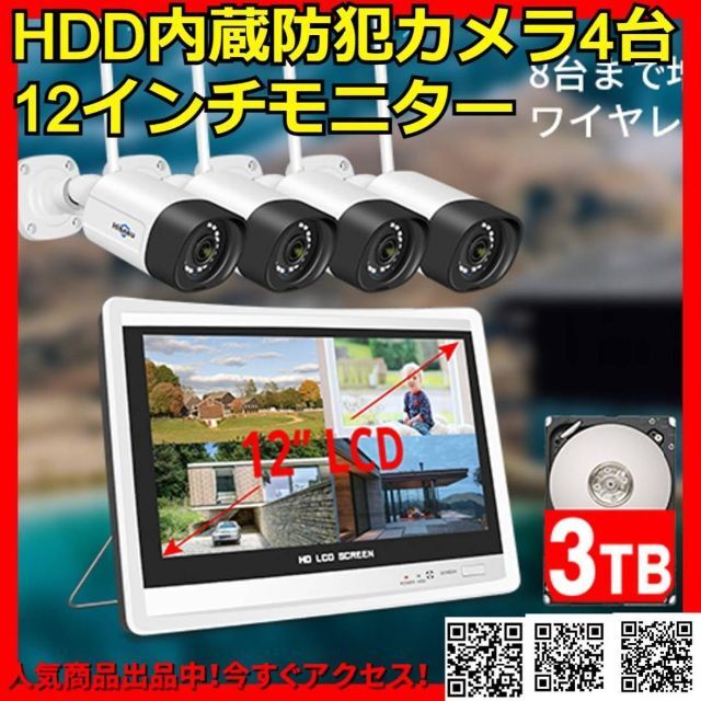 定期入れの 防犯カメラ 12インチ液晶一体型3TBHDD内蔵NVR 300万画素