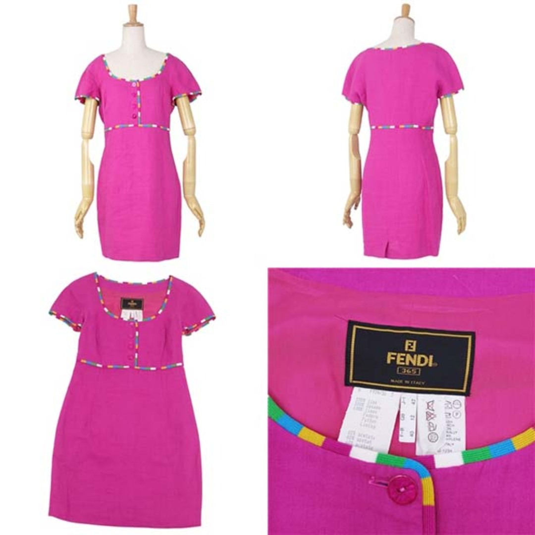 Vintage フェンディ ワンピース ドレス リネン トリミング 42 ピンク
