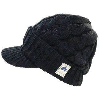 ロゴス(LOGOS)のLOGOS ロゴス ニット帽 つば付き ケーブル編み ニットワッチ★ブラック新品(ニット帽/ビーニー)