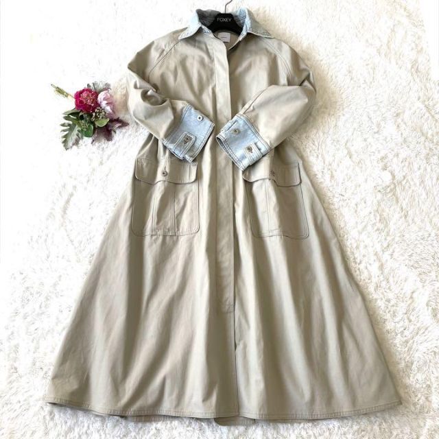 Ameri VINTAGE(アメリヴィンテージ)の✨【アメリ】トレンチコート　デニム　グレージュ　ロング　ベージュ　M レディースのジャケット/アウター(トレンチコート)の商品写真