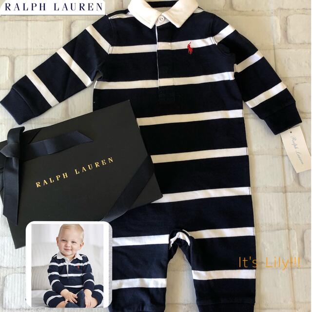 Ralph Lauren(ラルフローレン)の6m70cm ラルフローレン  長袖　ロンパース　ラガー　白×紺 キッズ/ベビー/マタニティのベビー服(~85cm)(ロンパース)の商品写真