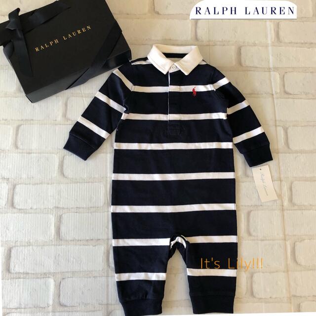 Ralph Lauren(ラルフローレン)の6m70cm ラルフローレン  長袖　ロンパース　ラガー　白×紺 キッズ/ベビー/マタニティのベビー服(~85cm)(ロンパース)の商品写真