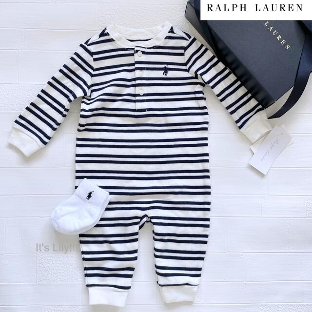 Ralph Lauren(ラルフローレン)の9m75cm ラルフローレン  ロンパース　長袖　ボーダー　白✖️紺 キッズ/ベビー/マタニティのベビー服(~85cm)(ロンパース)の商品写真