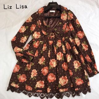 リズリサ(LIZ LISA)のリズ リサ ワンピース ガーリー  バラ花柄 レース ビックカラー レトロ M(ミニワンピース)