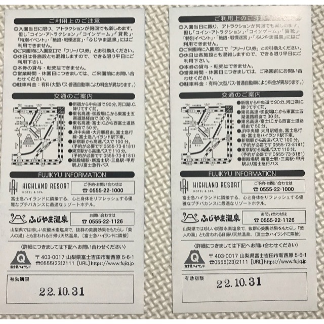富士急ハイランド フリーパス 2名分 追加可能 有効期限:2022年9月末
