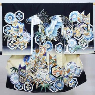 お宮参り 産着 のしめ 男児 正絹 綸子地 金刺繍 黒地 鷹 NO37898(お宮参り用品)