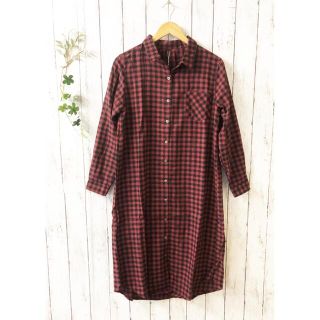 2409-20 新品LL　ブロックチェック柄シャツワンピース　レッド　羽織り(シャツ/ブラウス(長袖/七分))