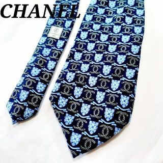 シャネル(CHANEL)のCHANEL　ココマーク　総柄　ブルー　フラワー　ロゴ　フォーマル　シルク　青(ネクタイ)