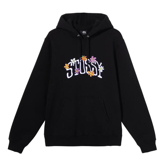 新品 STUSSY ロゴ刺繍入り パーカー 黒 フローラルフーディ