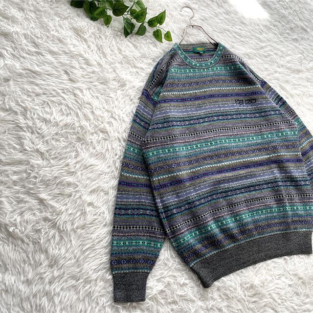 希少 古着 ケンゾー ニット セーター 総柄 切り替え 刺繍ロゴ ウール混 ...