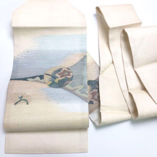 O-1906 夏帯 紗 名古屋帯 丸に花柄 素色着物のわびさび帯1906