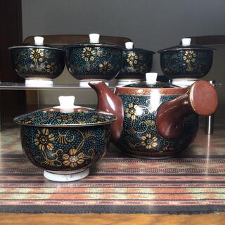 九谷焼　青粒  蓋茶碗