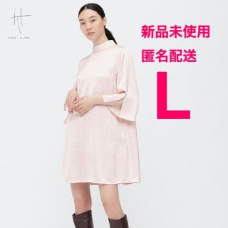 ユニクロ(UNIQLO)の【新品】プリントサテンハイネックミニワンピース(7分丈) Lサイズ ユニクロ(ミニワンピース)