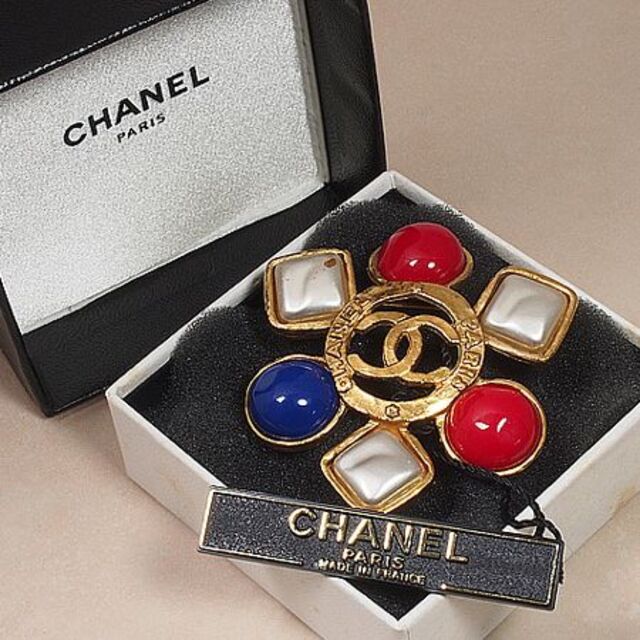 シャネル CHANEL ココマーク カラーストーン フェイクパール ブローチ