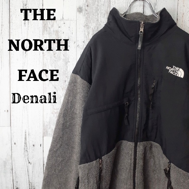 US規格ノースフェイスデナリジャケット黒ブラックグレー灰色刺繍ロゴL