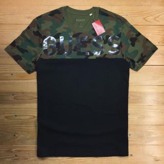 ゲス(GUESS)の※訳アリ・新品【メンズXS】★ゲス★光沢感あるプリント切替半袖Tシャツ/迷彩×黒(Tシャツ/カットソー(半袖/袖なし))