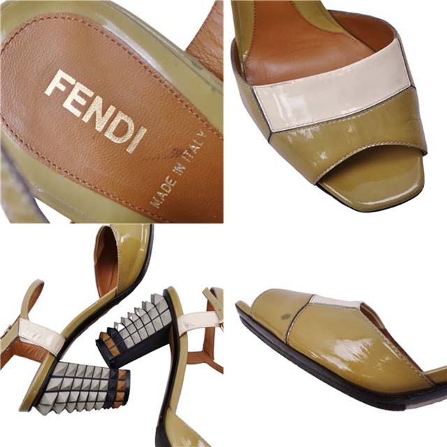 FENDI(フェンディ)のフェンディ パンプス スタッズ エナメル オープントゥ 靴 36.5 マスタード レディースの靴/シューズ(ハイヒール/パンプス)の商品写真